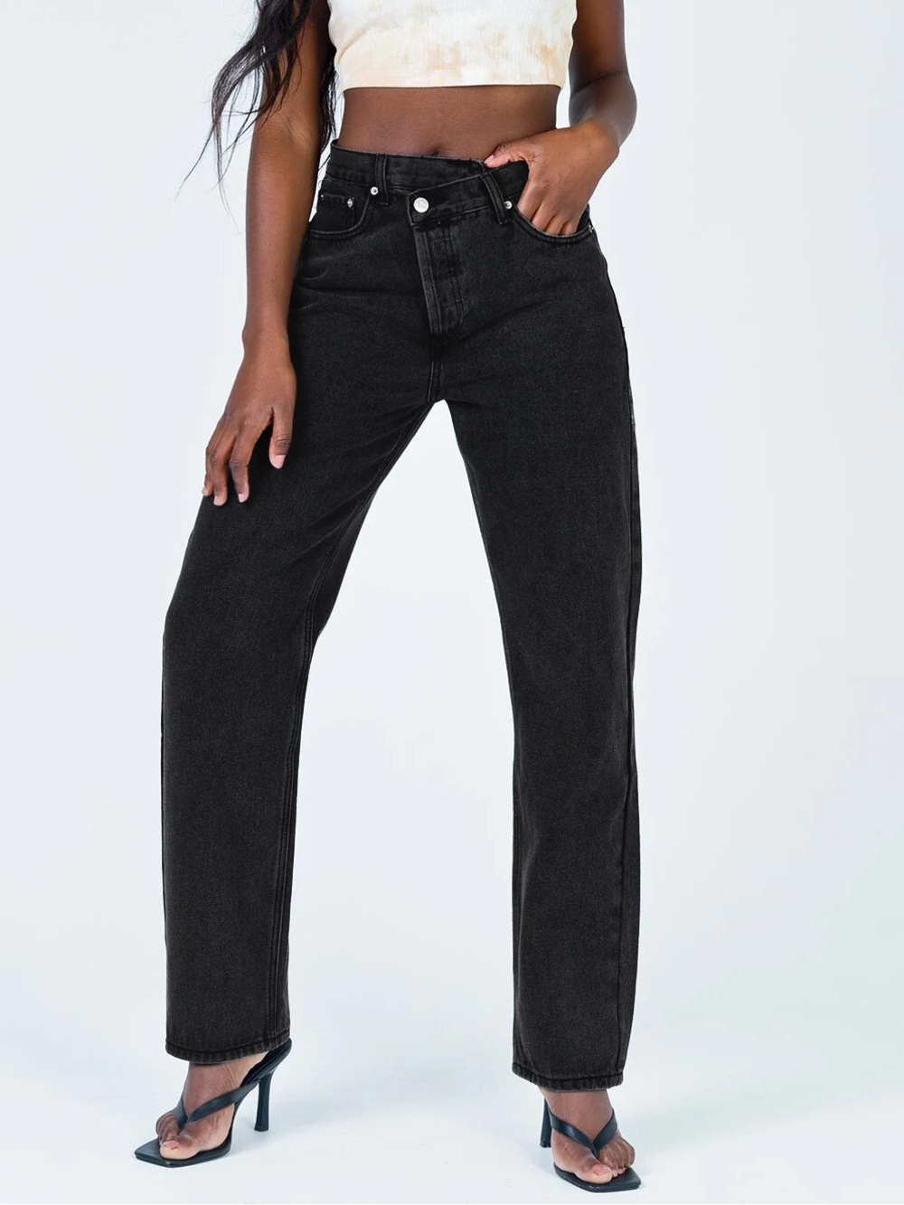 Princess Polly Crossover Waist Black Straight Leg Jeans